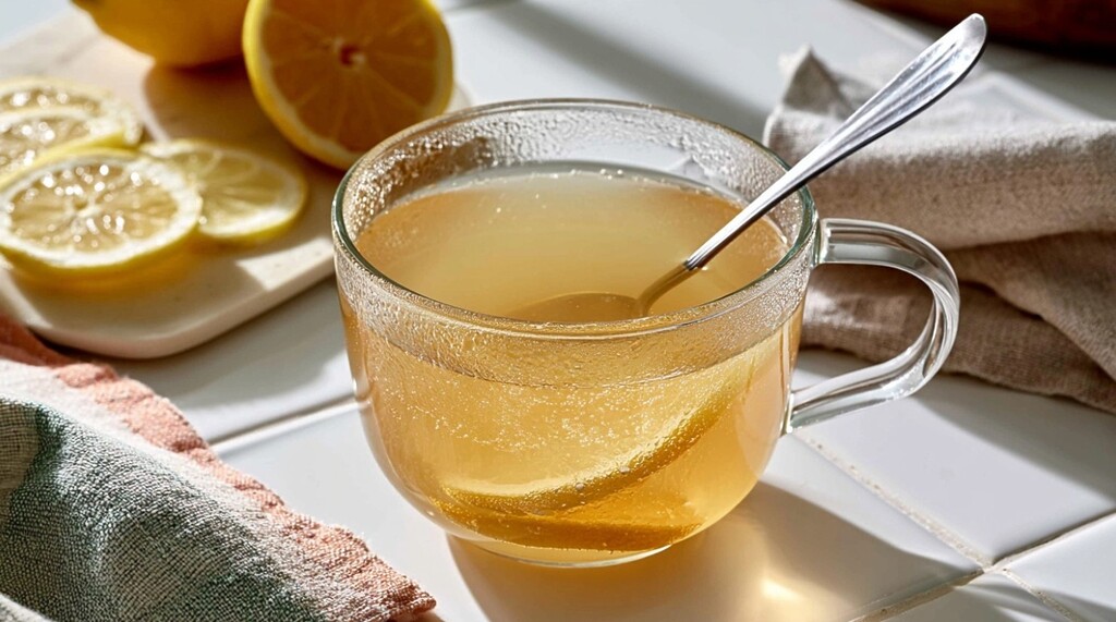 Glass mug of warm lemon tea with a spoon, lemon slices, and linen cloths on a sunlit kitchen counter.