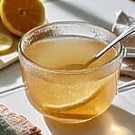 Glass mug of warm lemon tea with a spoon, lemon slices, and linen cloths on a sunlit kitchen counter.