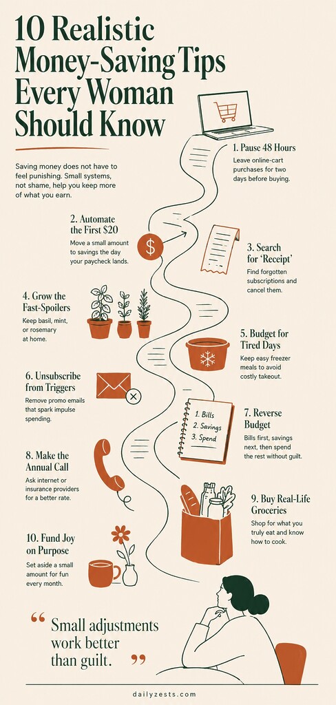 Editorial illustration summarizing 10 realistic money-saving tips for women, with a winding budget path, simple savings icons, and the message that small adjustments work better than guilt.