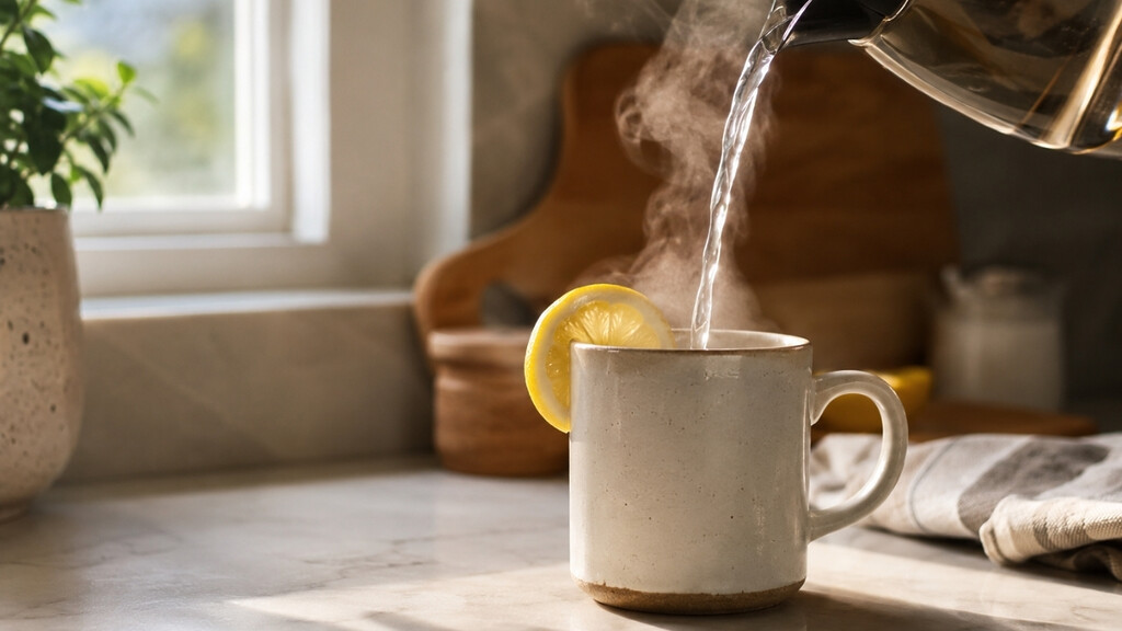 Hot water and lemon in a rustic ceramic mug