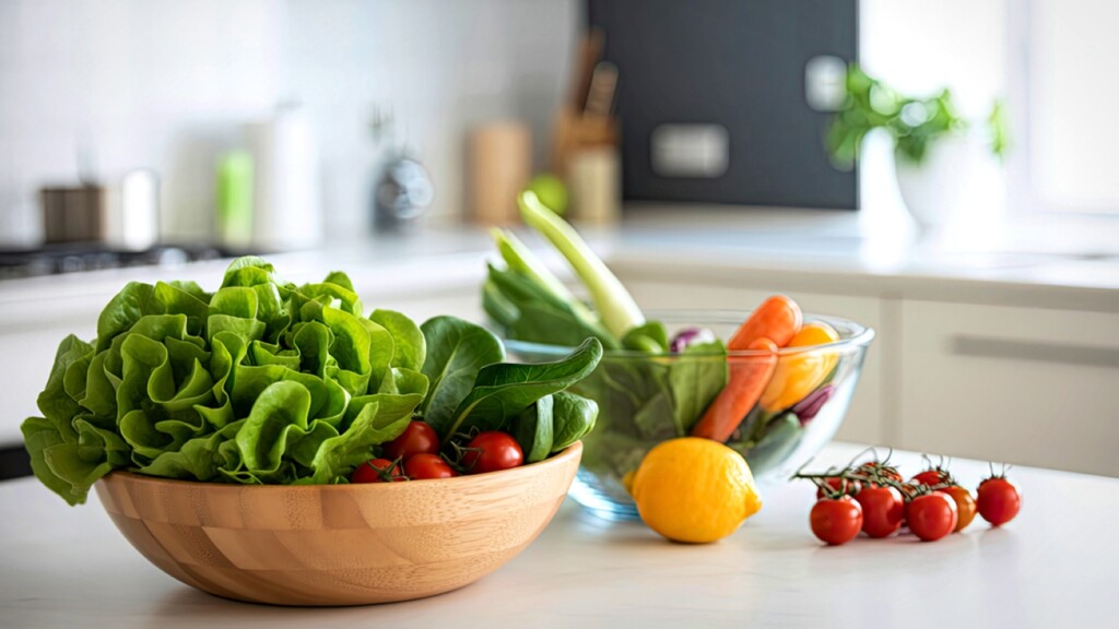 Fresh vegetables on a bright kitchen counter, including leafy greens, tomatoes, carrots, celery, and a lemon.