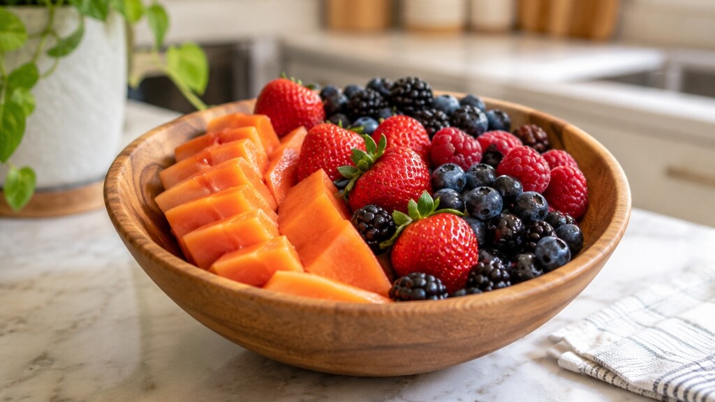 Fresh papaya slices and berries in a wooden bowl