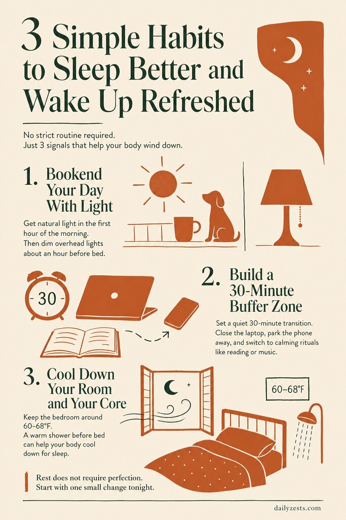 Editorial poster summarizing three sleep habits: morning sunlight and dim evening lights, a 30-minute bedtime buffer, and a cool bedroom around 60–68°F, with simple flat illustrations of a lamp, clock, book, window, bed, and shower.