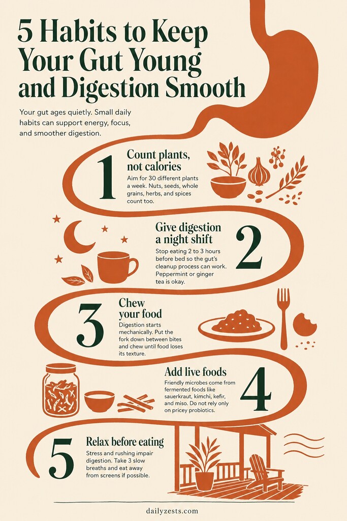 Vertical editorial illustration summarizing five gut health habits: eat 30 varied plants weekly, stop eating before bed, chew slowly, add fermented foods, and relax before meals.