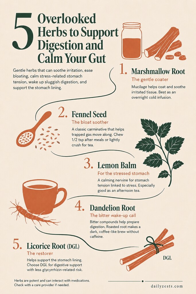 Editorial flat illustration summarizing five overlooked herbs for digestion and gut calm: marshmallow root for soothing irritation, fennel seed for bloating, lemon balm for stress-related stomach tension, dandelion root for bitter digestive support, and DGL licorice root for the stomach lining.