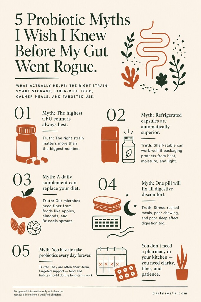 Infographic debunking five probiotic myths, emphasizing the right strain, proper storage, fiber-rich foods, lifestyle habits, and targeted use.