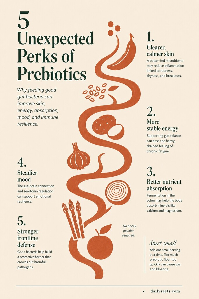 Vertical editorial illustration summarizing five prebiotic benefits, with a terracotta gut-like pathway, simple food shapes, and text highlighting clearer skin, steadier energy, better nutrient absorption, mood support, and immune resilience.