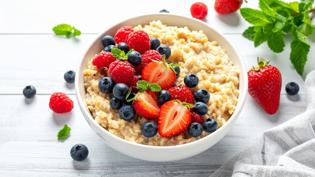 Bowl of oatmeal topped with raspberries, blueberries, strawberries, and mint on a white wooden table.