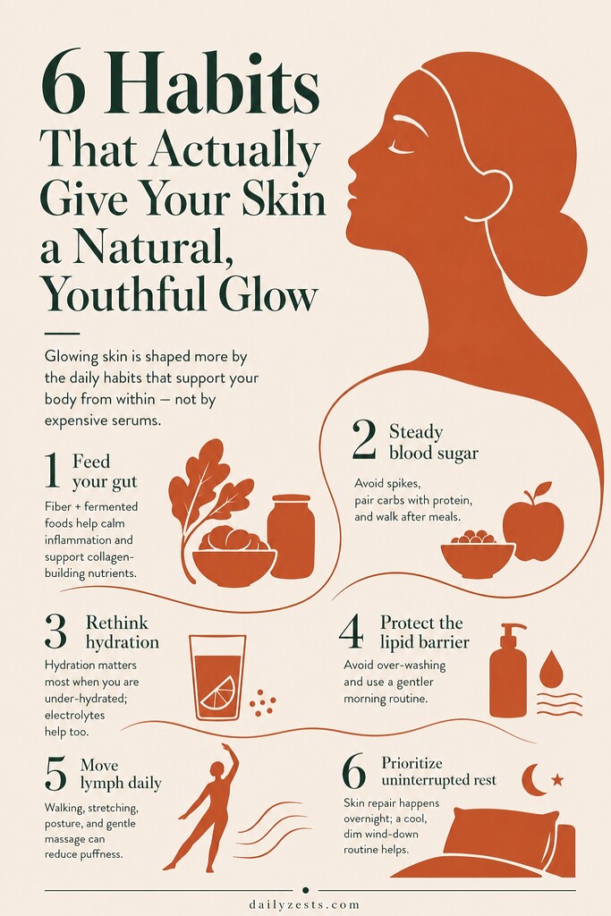 Editorial illustration summarizing six habits for naturally glowing skin, including gut health, steady blood sugar, hydration, lipid barrier care, lymph movement, and restful sleep.
