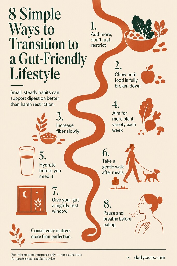 Infographic with 8 simple gut-friendly habits, including adding foods, chewing well, increasing fiber, hydrating, walking, resting overnight, and breathing before meals.