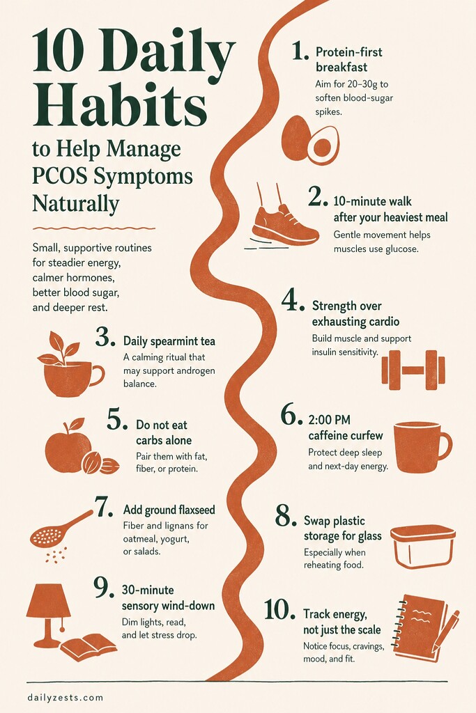 A vertical editorial illustration summarizing 10 daily habits for managing PCOS naturally, including protein-first breakfasts, after-meal walks, spearmint tea, strength training, balanced carbs, caffeine limits, flaxseed, glass storage, evening wind-downs, and tracking energy.