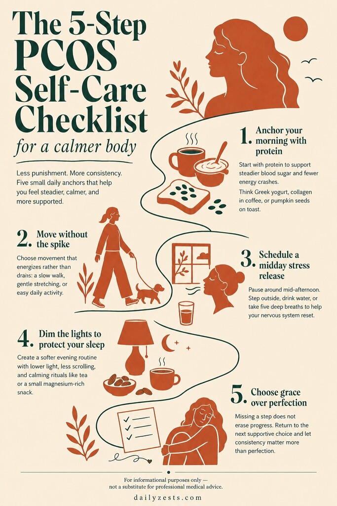 Infographic sharing a 5-step PCOS self-care checklist with habits for protein, gentle movement, stress release, better sleep, and self-compassion.