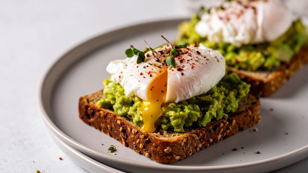 Avocado toast topped with poached eggs, herbs, and seasoning on a plate.
