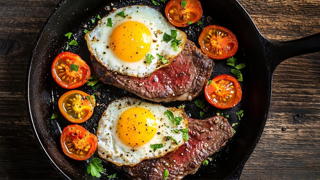 Fried eggs served over steak with cherry tomatoes in a cast iron skillet.