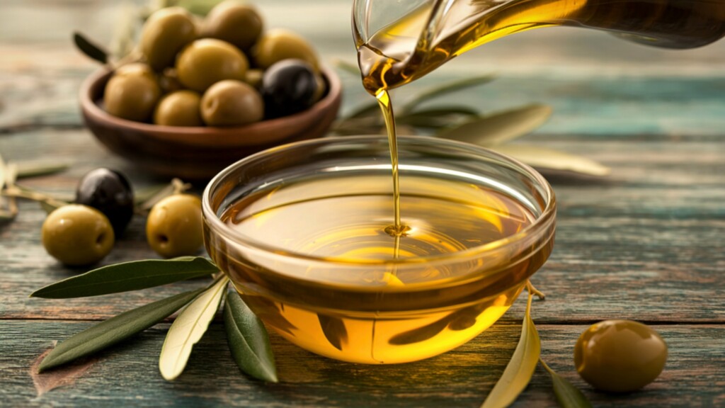 Olive oil being poured into a glass bowl with olives and olive leaves nearby.