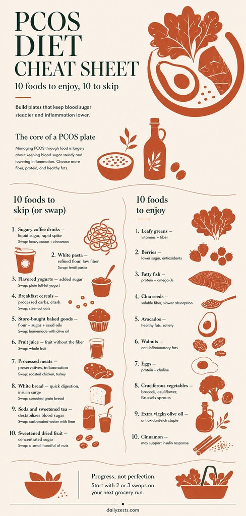Vertical editorial infographic titled “PCOS Diet Cheat Sheet,” showing simplified flat illustrations and two food lists: 10 foods to skip or swap, such as sugary coffee drinks, white pasta, cereal, juice, soda, and sweetened dried fruit, alongside 10 foods to enjoy, including leafy greens, berries, fatty fish, chia seeds, avocados, walnuts, eggs, cruciferous vegetables, olive oil, and cinnamon.
