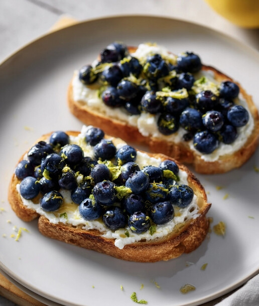 Mediterranean Ricotta Toast with Lemon Blueberry Burst — close-up of toast topped with ricotta, blueberries, and honey on a plate