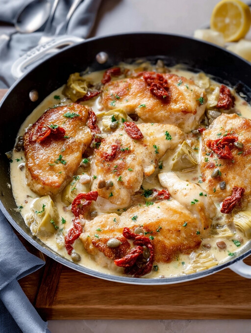 Skillet Chicken with Artichokes — Golden chicken simmering in a serving skillet, topped with sun-dried tomatoes and a rich artichoke cream sauce.