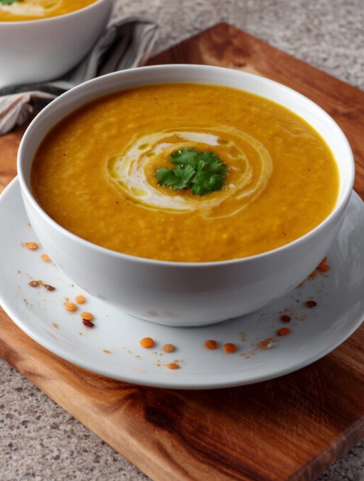 Mediterranean Lentil Soup - smooth pureed red lentil soup garnished with a swirl of cream, olive oil, and fresh cilantro leaves in a serving bowl