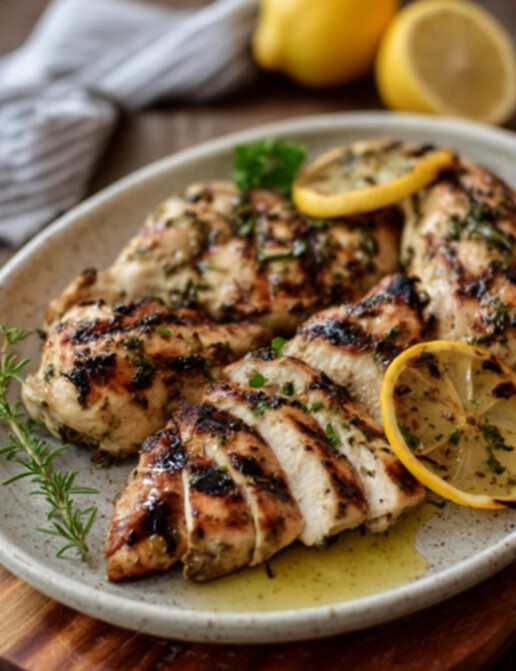 Juicy Mediterranean Lemon Oregano Grilled Chicken — tender, beautifully sliced chicken pieces resting in a ceramic dish with bright lemon wedges