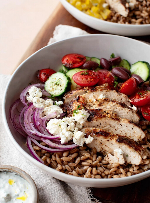 Mediterranean Chicken Bowl Recipe - close up of ready to eat bowl with lemon and herbs