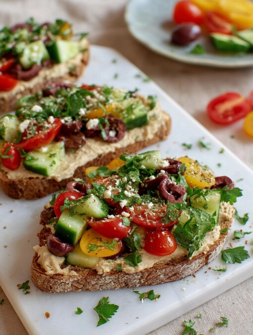 Mediterranean Hummus Toast - perfectly arranged slice featuring creamy spread, fresh greens, diced vegetables, and a sprinkle of za'atar ready to eat