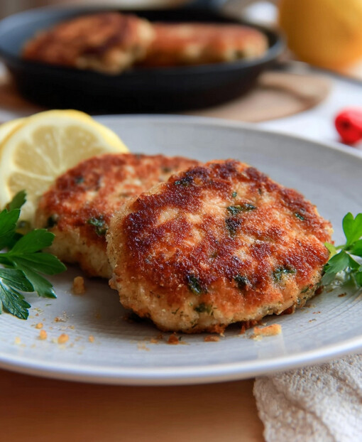 Fresh Salmon Patties Recipe - golden brown cakes plated with lemon wedges and side herbs, ready to serve
