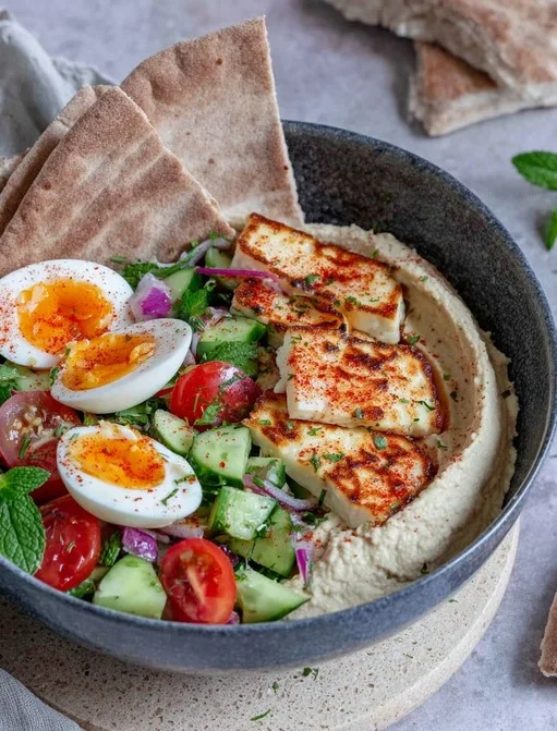 Halloumi Breakfast Bowl — seared cheese, crunchy salad, soft egg