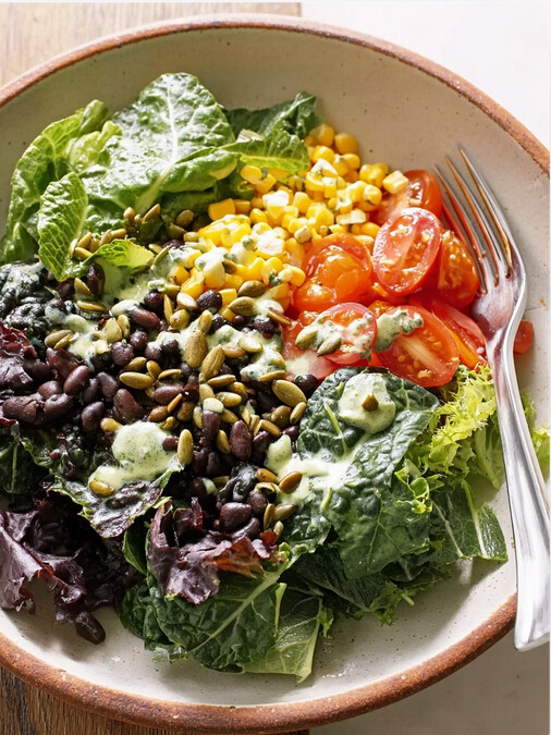 Black Bean Glow Bowl with Creamy Cilantro-Avocado Drizzle - colorful