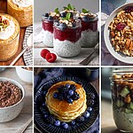 7 High Protein DASH Diet Breakfasts to Keep You Full Until Lunch Six high-protein DASH diet breakfast ideas, including pumpkin overnight oats, berry chia pudding, Greek yogurt with granola, chocolate oats, berry pancakes, and a savory cucumber chickpea yogurt jar.