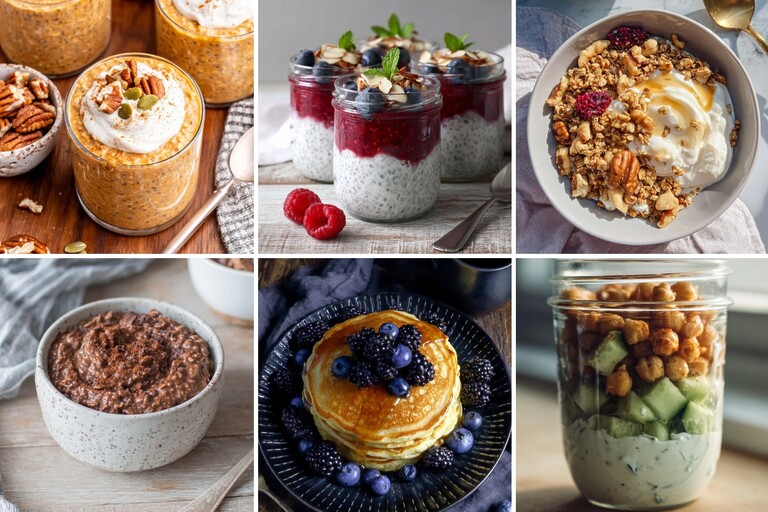 Six high-protein DASH diet breakfast ideas, including pumpkin overnight oats, berry chia pudding, Greek yogurt with granola, chocolate oats, berry pancakes, and a savory cucumber chickpea yogurt jar.
