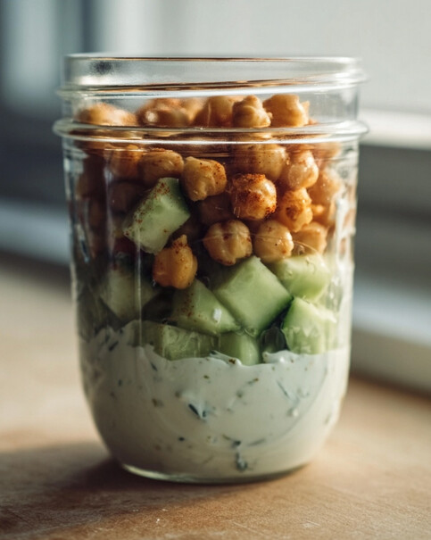 Cottage Cheese & Cucumber Jars showing layered yogurt, berries, chia seeds, and fruit compote in clear jars