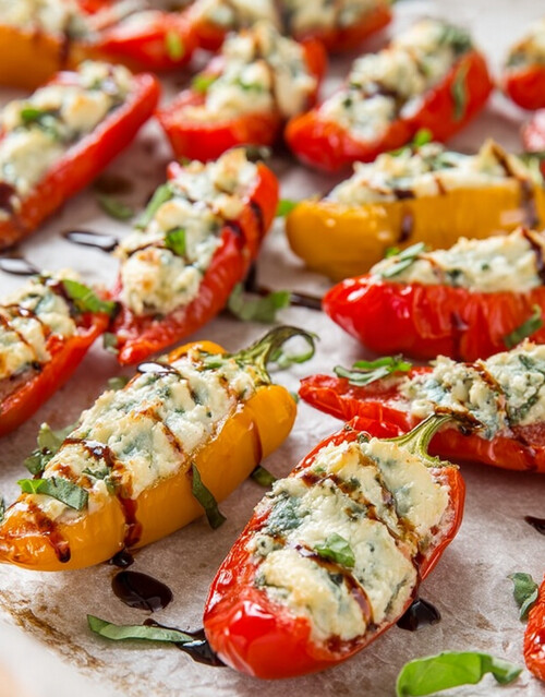 Blistered DASH-Friendly Feta Stuffed Peppers