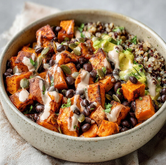 Chili Lime Sweet Potato Black Bean Bowl - Quinoa bowl topped with roasted sweet potatoes, black beans, avocado, and a drizzle of sauce on a white plate.
