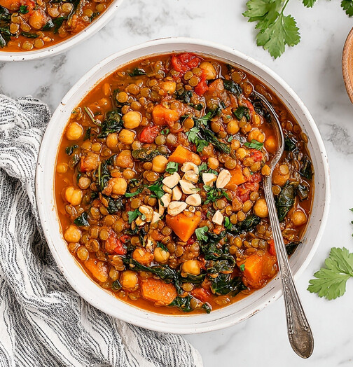 DASH Friendly Butternut Squash Lentil Stew Recipe - thick and consistent stew with vegetables and spinach ready to serve.