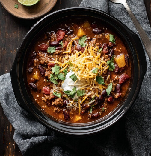 Slow Cooker Turkey Chili Recipe - rich tomato stew with turkey and beans, topped with cheese and cilantro