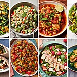 8 Quick DASH Diet Dinners for Busy Weeknights Collage of eight quick DASH diet dinners, including chicken and chickpea stew, shrimp with greens, colorful salads, vegetable pitas, and chicken with peppers.