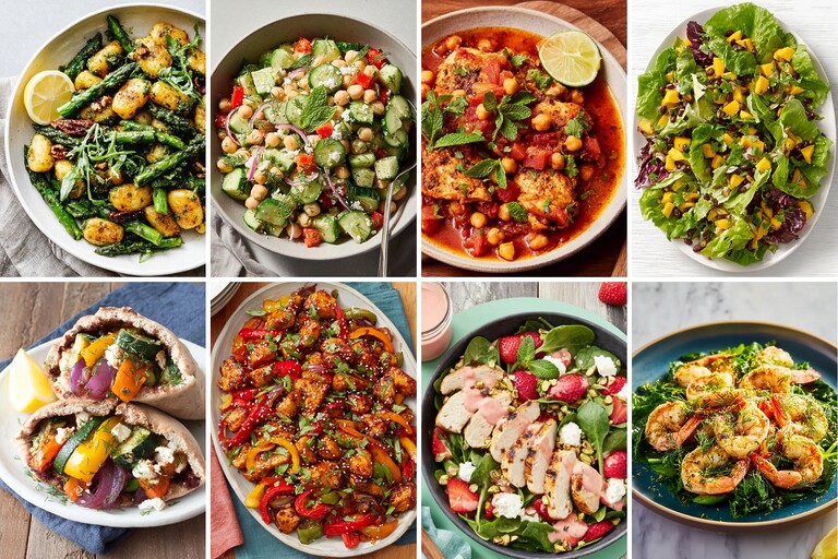 Collage of eight quick DASH diet dinners, including chicken and chickpea stew, shrimp with greens, colorful salads, vegetable pitas, and chicken with peppers.
