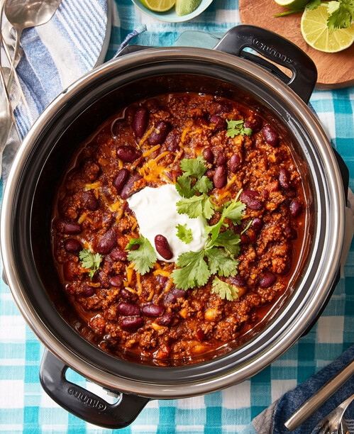 DASH-Friendly Slow Cooker Turkey Chili — simmering inside a crockpot, garnished with sour cream and chopped cilantro