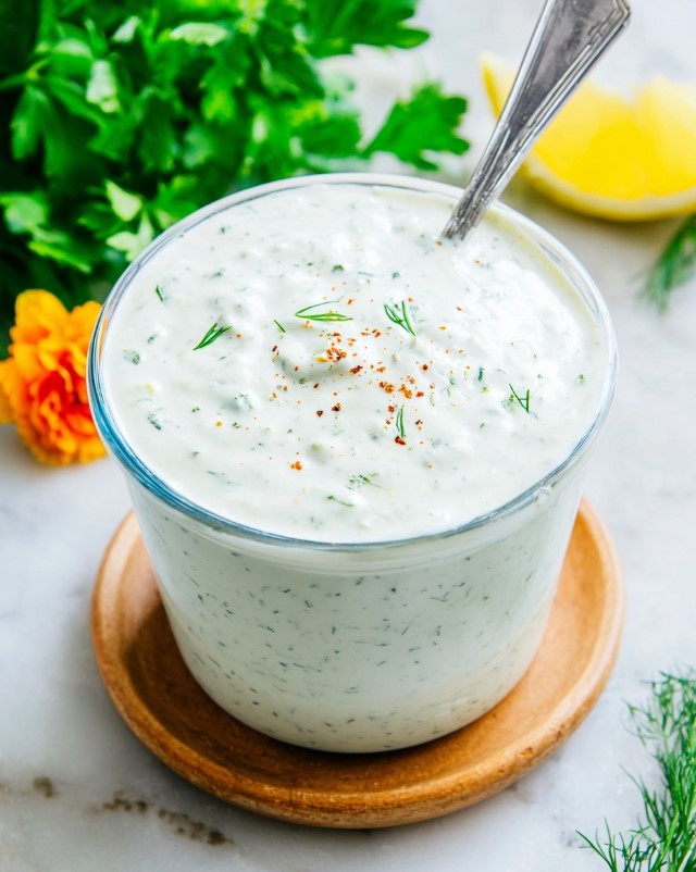 A bowl of creamy herb and lemon dressing, garnished and ready to serve.