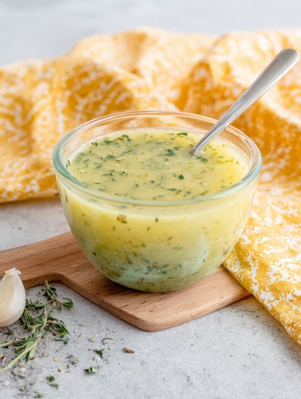 A jar of finished herb dressing, fresh and vibrant, ready for serving or storage.