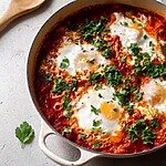 Smoked paprika shakshuka in an enamel skillet with softly poached eggs and fresh herbs
