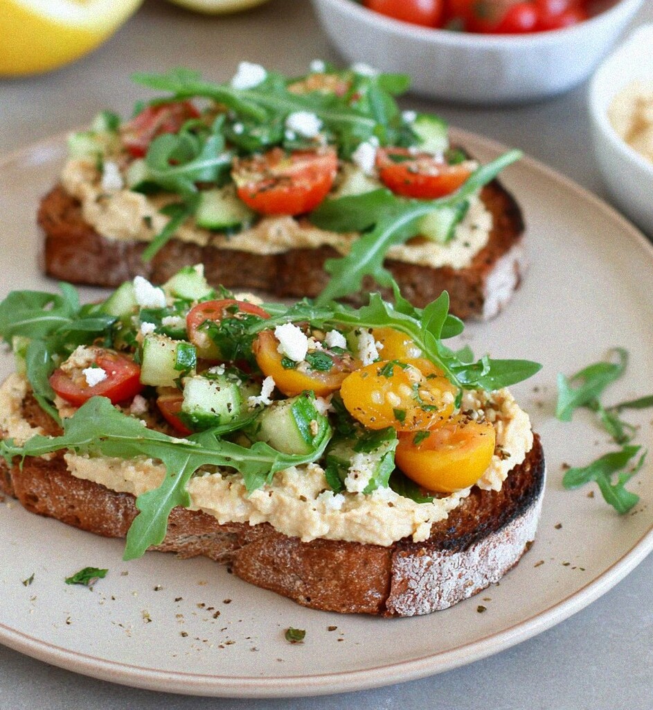 Thick sourdough loaded with creamy hummus, arugula, cherry tomatoes, cucumbers, and crumbled feta on a ceramic plate