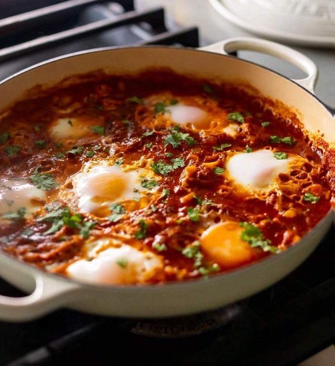 Eggs poaching gently in simmering spiced tomato sauce with fresh herbs